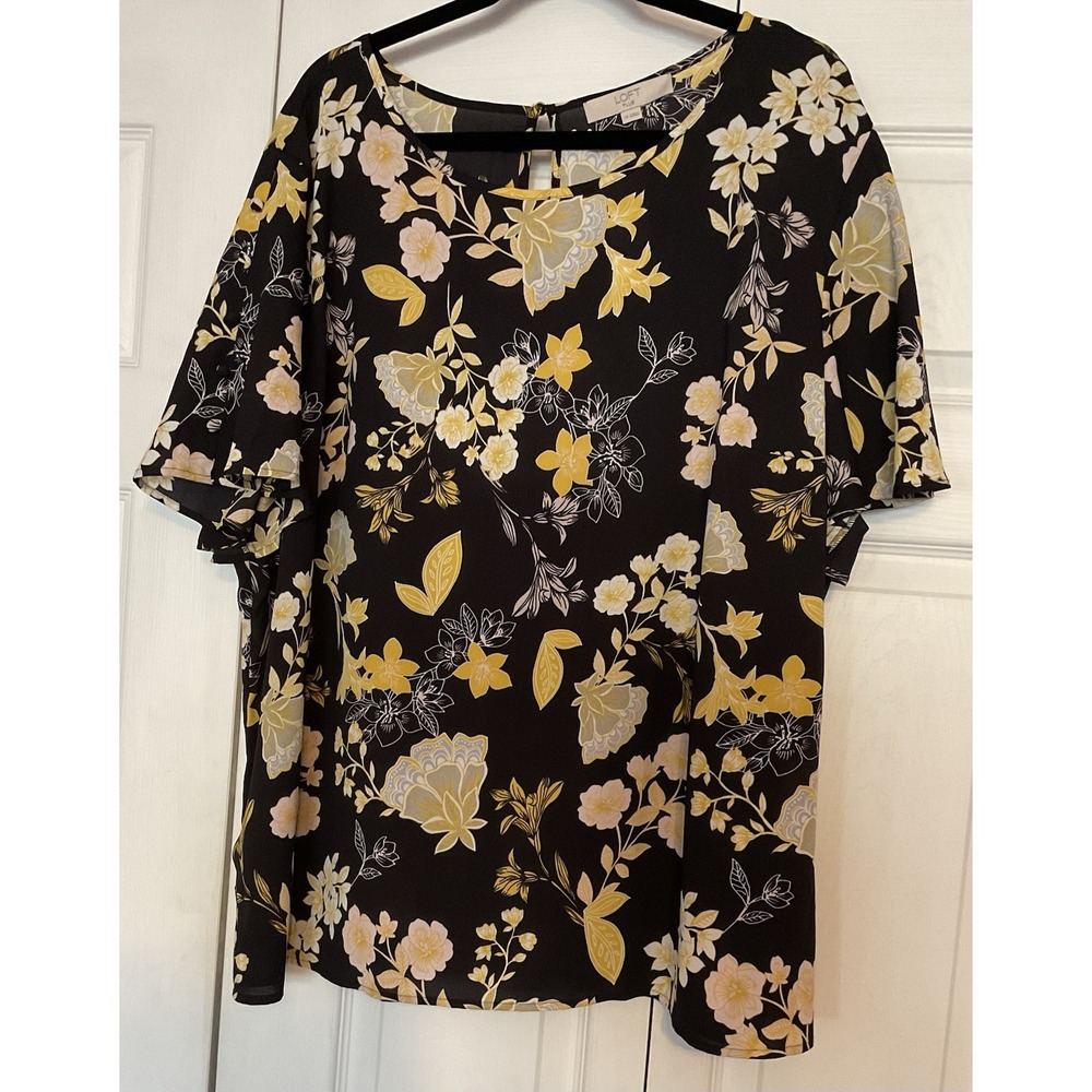 Loft Black and Yellow Floral Blouse Plus Size‎ 26 Flutter Sleeve New with Tags